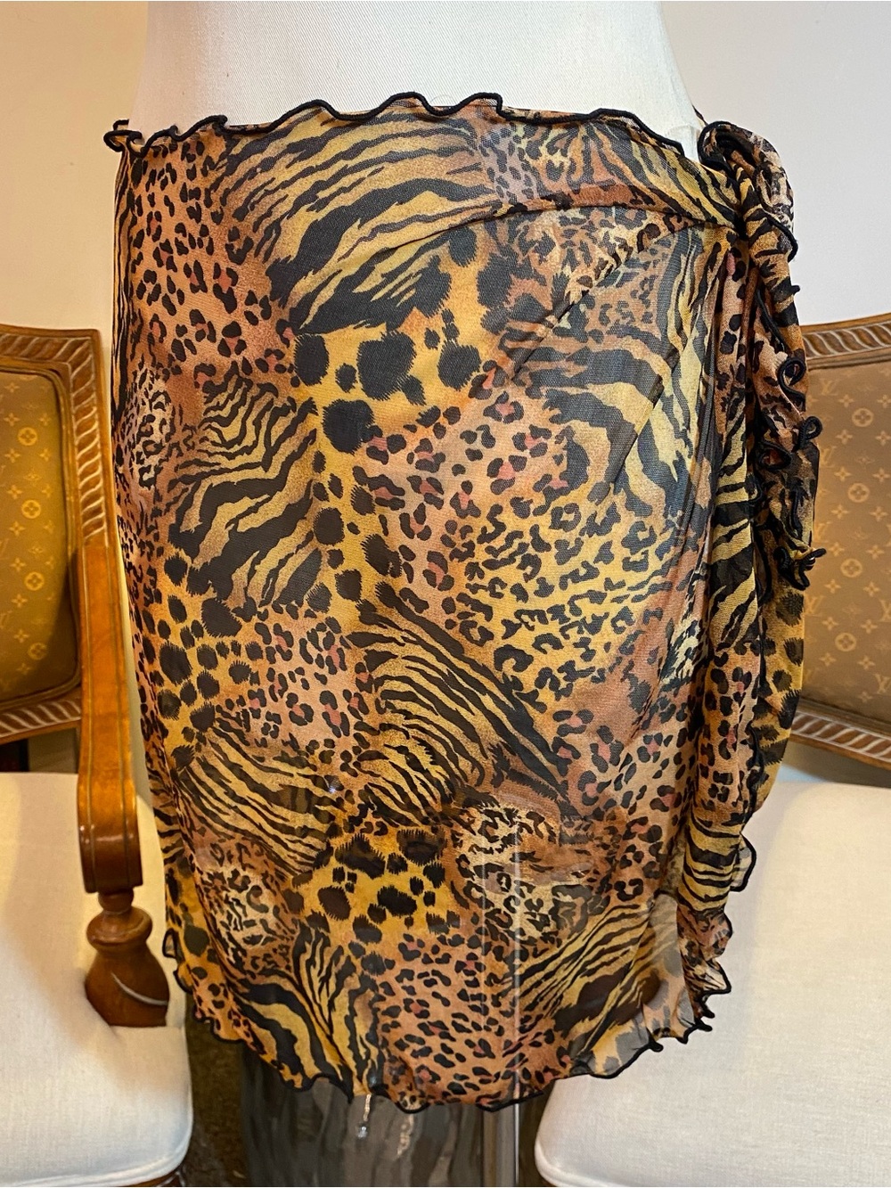 Y2K Animal Print Sheer Mesh Sarong Cover-Up - Brown/Black - Lettuce-Hem